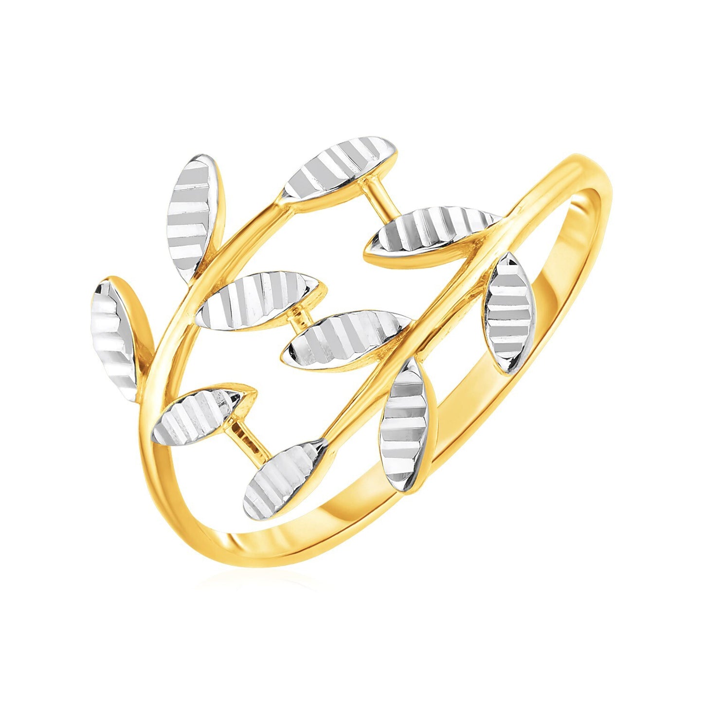 Size: 7 - 14k Two Tone Gold Crossover Ring with Textured Leaves