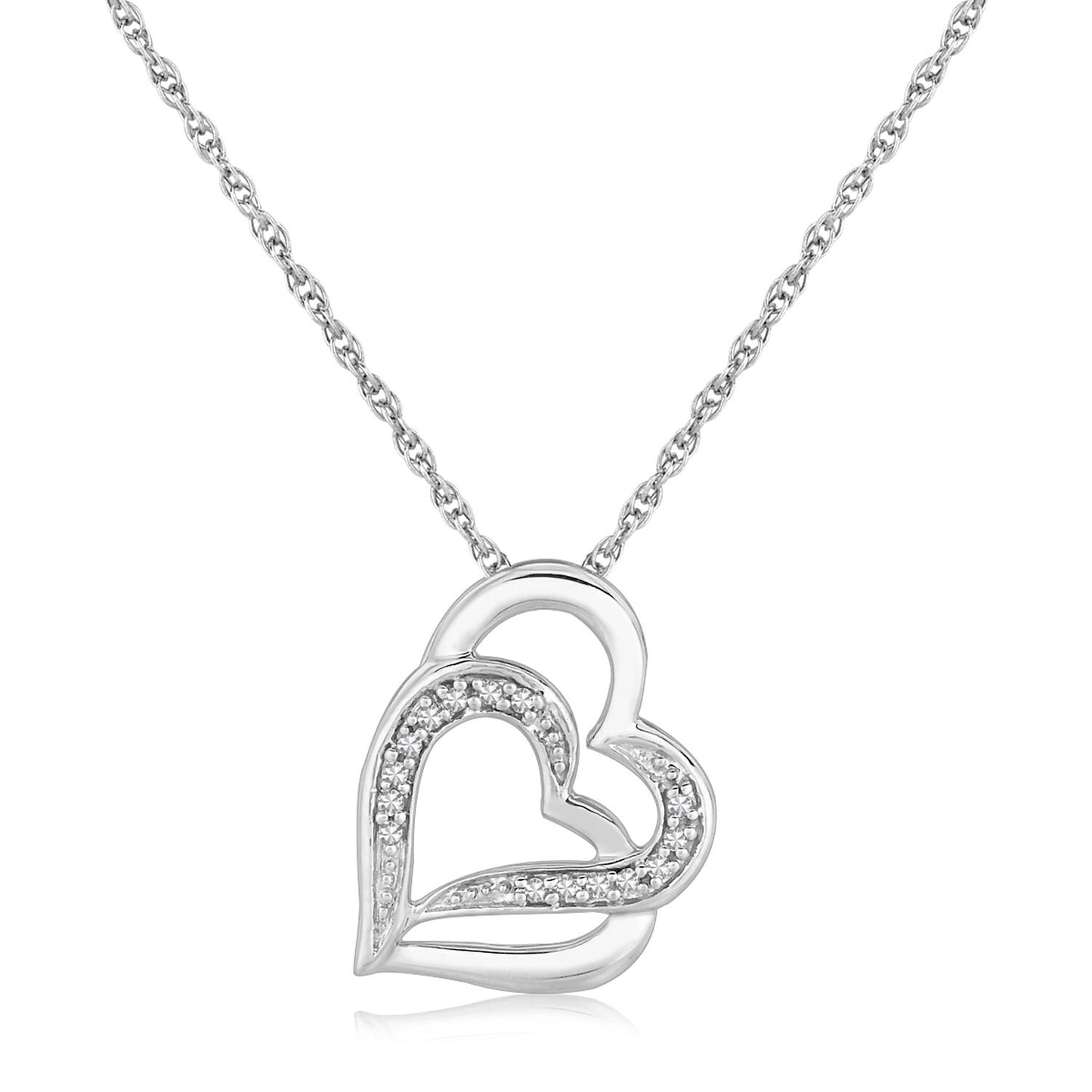 Size: 18 - Sterling Silver Dual Heart Motif Pendant with Diamonds (.06 cttw)