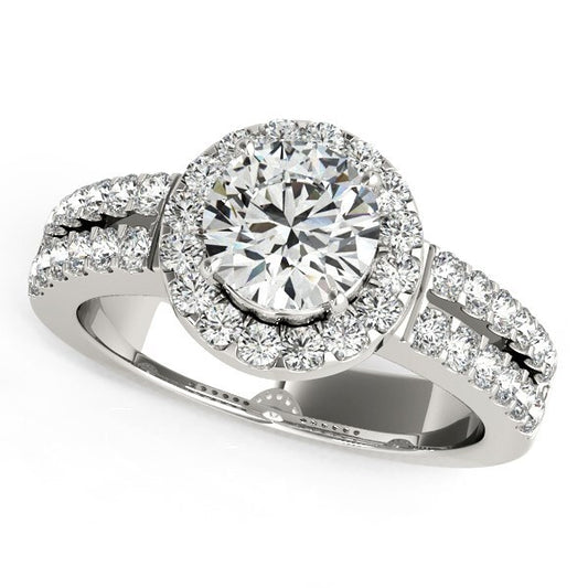 Size: 3 - 14k White Gold Halo Diamond Engagement Ring With Double Row Band (1 3/8 cttw)