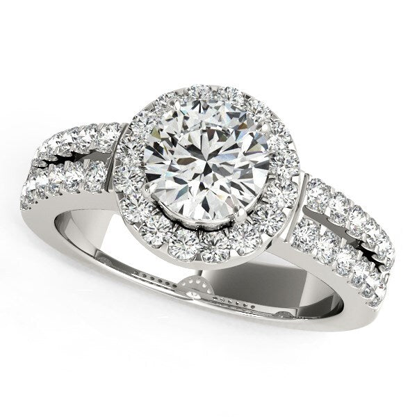 Size: 9 - 14k White Gold Halo Diamond Engagement Ring With Double Row Band (1 3/8 cttw)