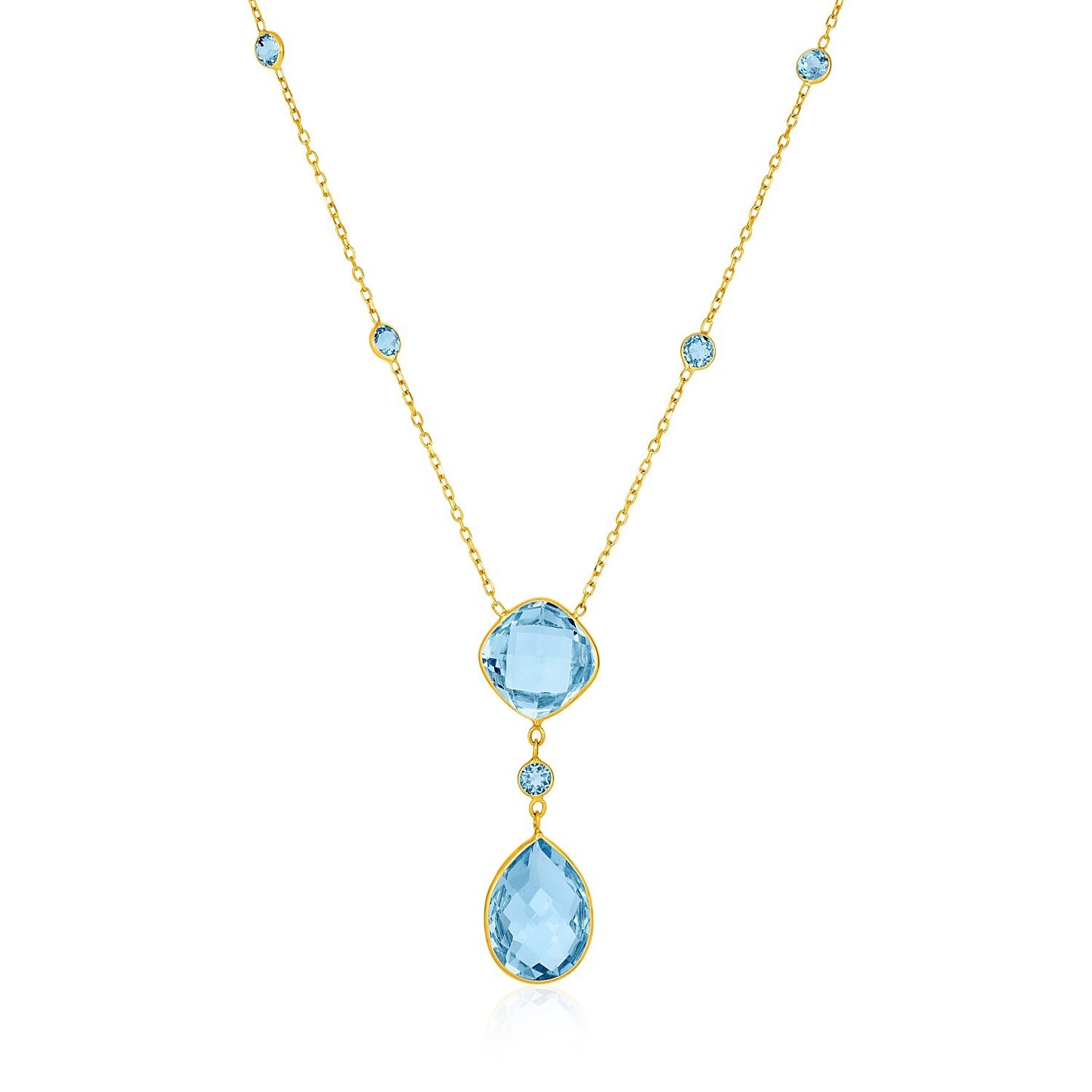 Size: 18'' - 14k Yellow Gold Necklace with Pear-Shaped and Cushion Blue Topaz Briolettes