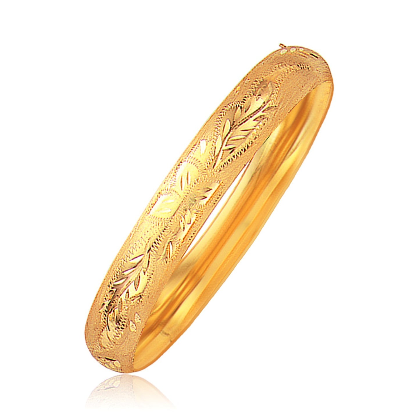 Size: 8'' - Classic Floral Carved Bangle in 14k Yellow Gold (10.0mm)