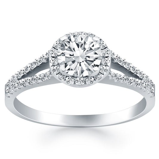 Size: 8.5 - 14k White Gold Diamond Halo Split Shank Engagement Ring