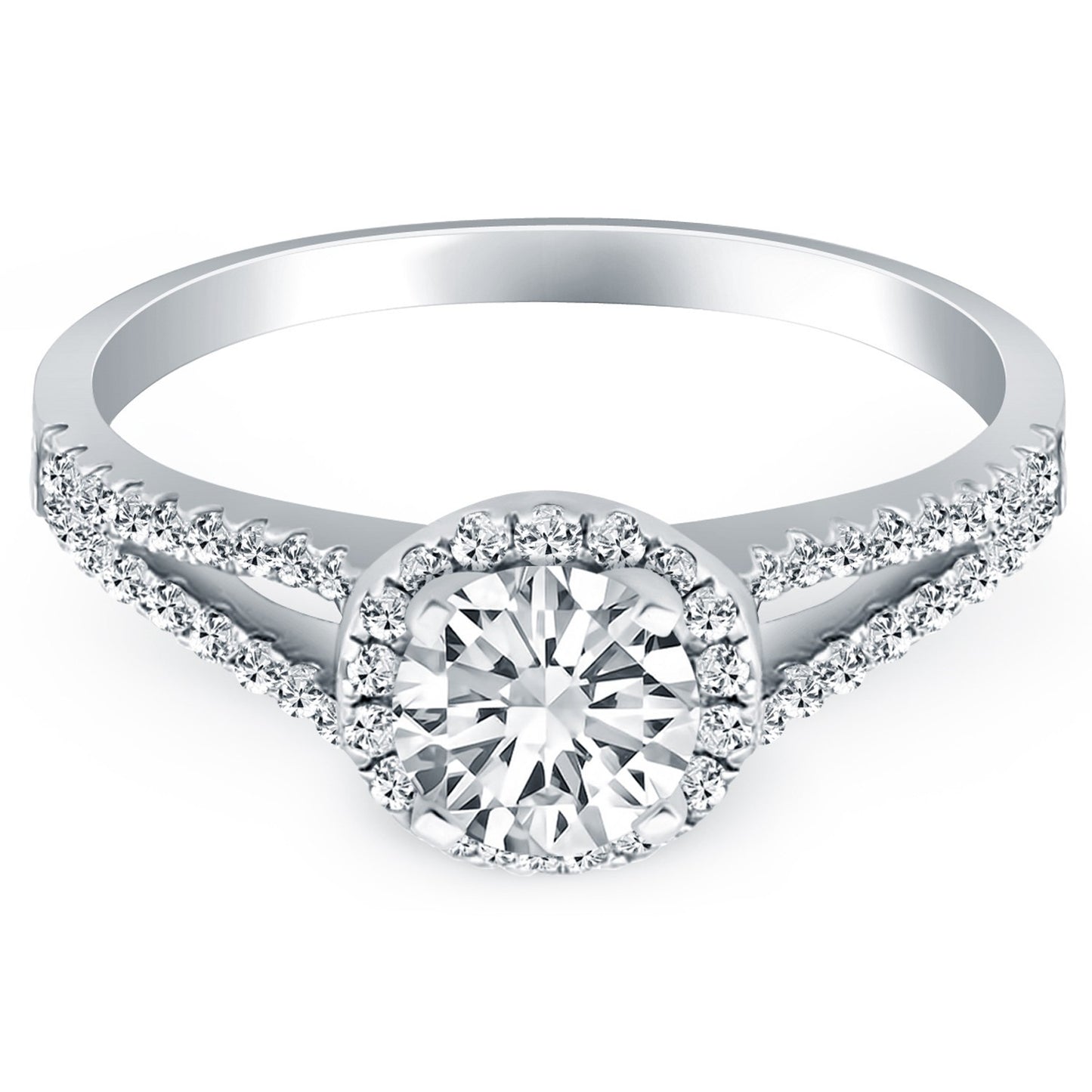 Size: 9 - 14k White Gold Diamond Halo Split Shank Engagement Ring