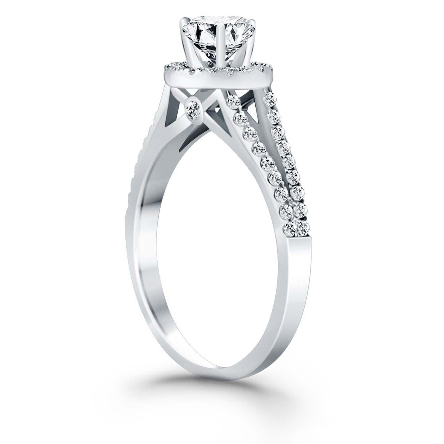 Size: 9 - 14k White Gold Diamond Halo Split Shank Engagement Ring