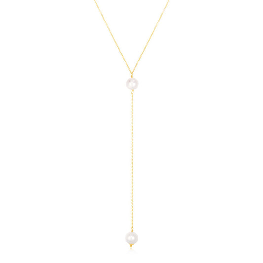 Size: 17'' - 14k Yellow Gold Lariat Necklace with Pearls