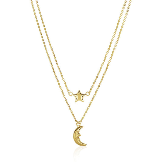 Size: 18'' - 14k Yellow Gold Double-Strand Chain Necklace with Puff Moon and Star