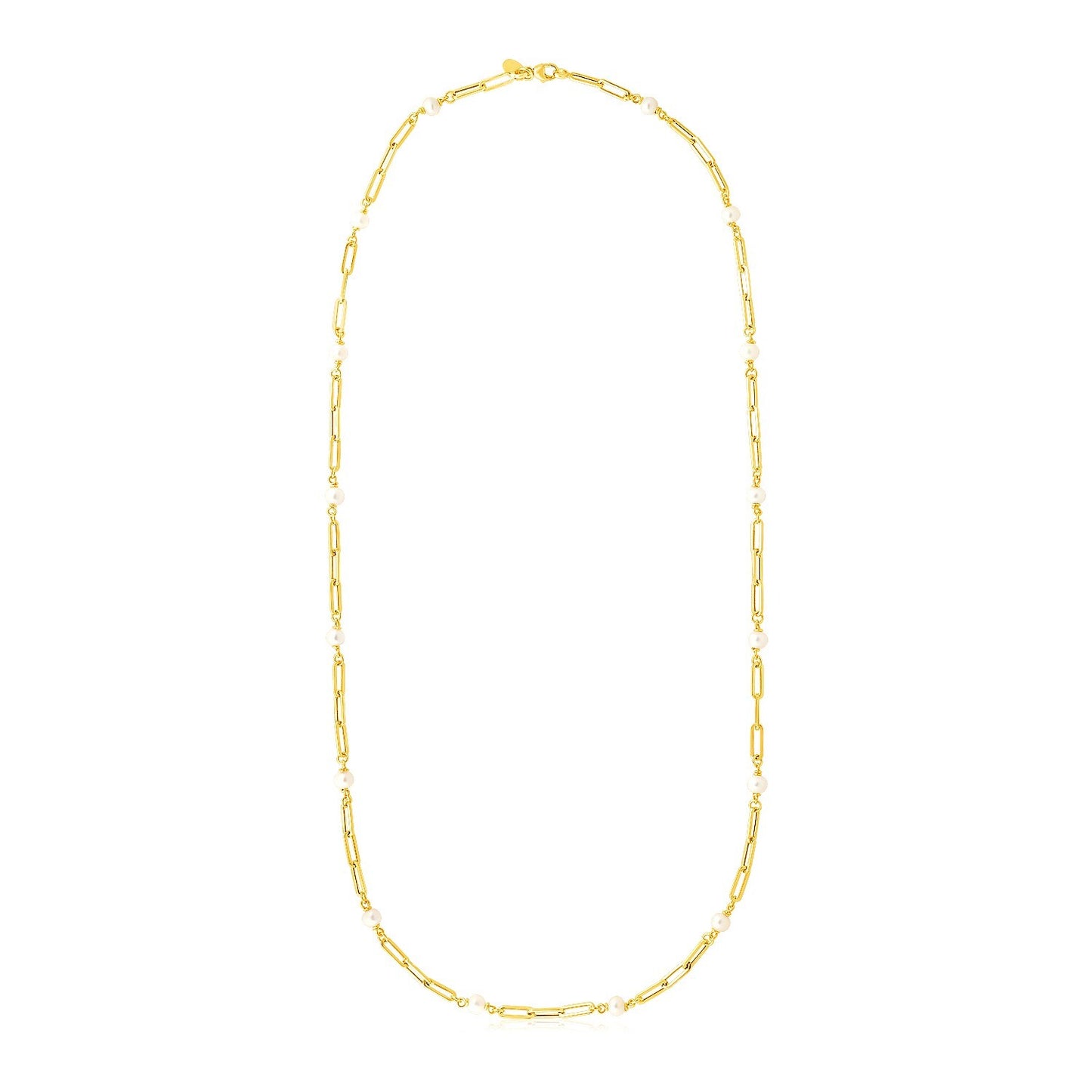 Size: 24'' - 14k Yellow Gold Paperclip Chain and Pearl Necklace