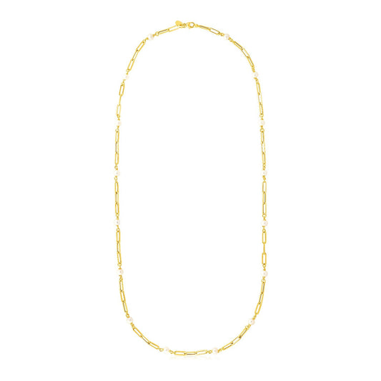 Size: 24'' - 14k Yellow Gold Paperclip Chain and Pearl Necklace