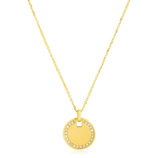 Size: 18'' - 14k Yellow Gold High Polish Diamond Round Disc Tag Necklace