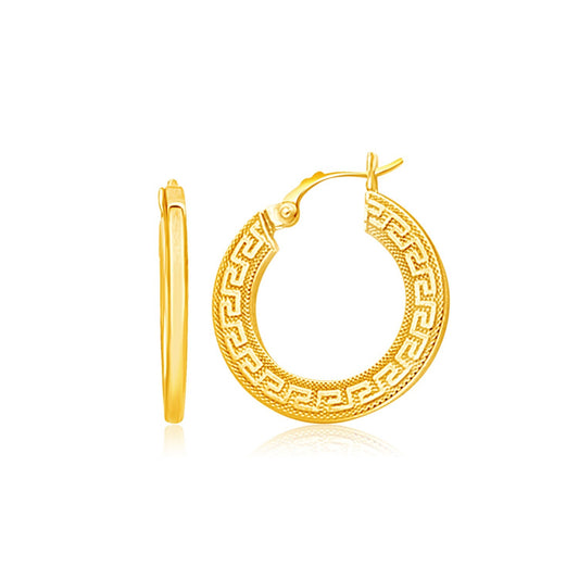 14k Yellow Gold Greek Key Medium Hoop Earrings with Flat Sides