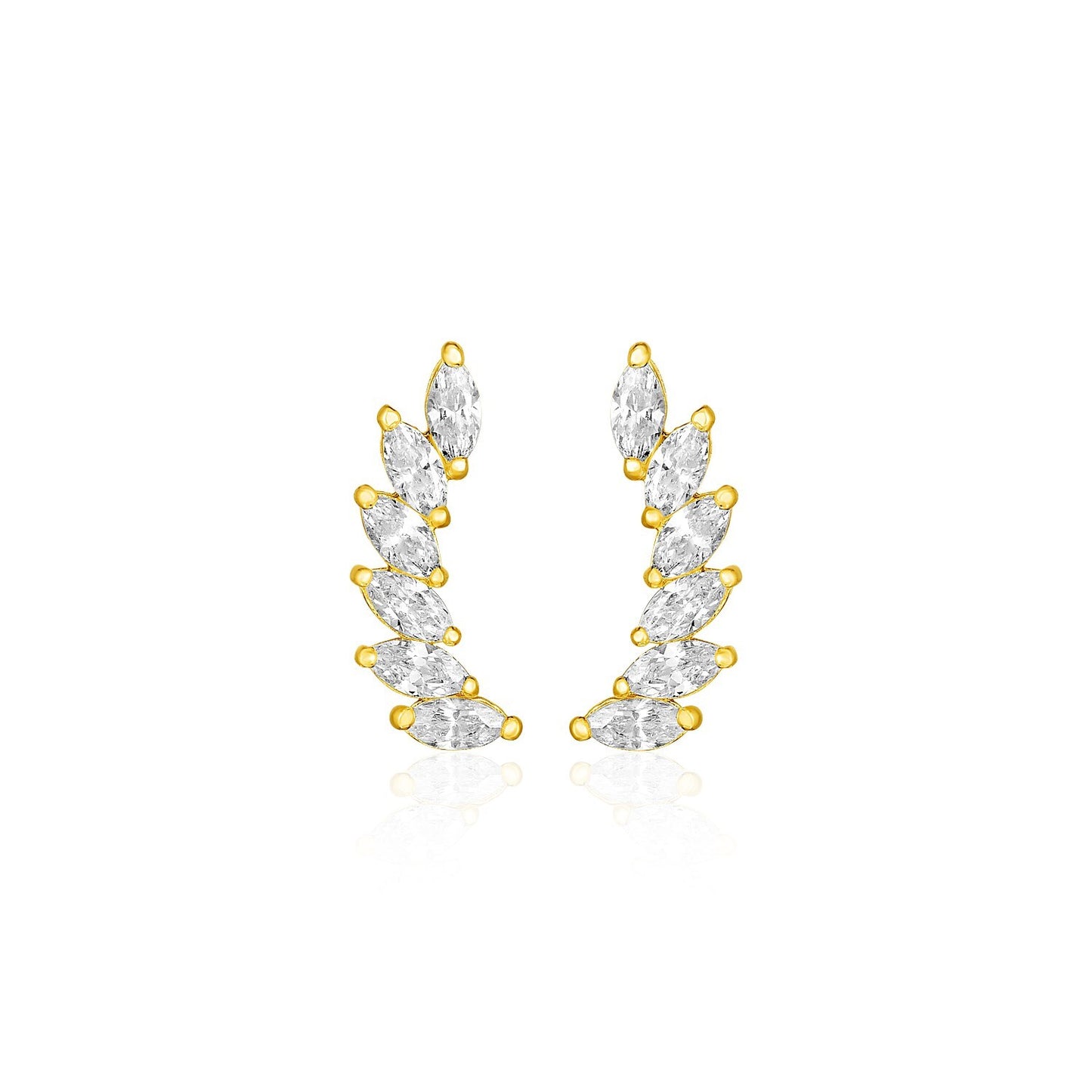 14k Yellow Gold Leaf Motif Climber Post Earrings with Marquise Cubic Zirconias