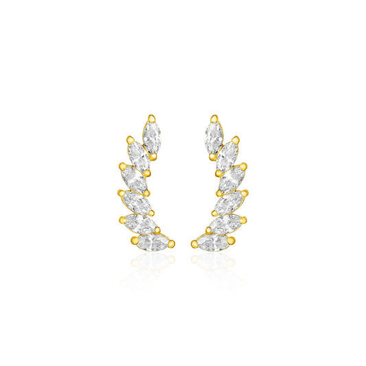 14k Yellow Gold Leaf Motif Climber Post Earrings with Marquise Cubic Zirconias