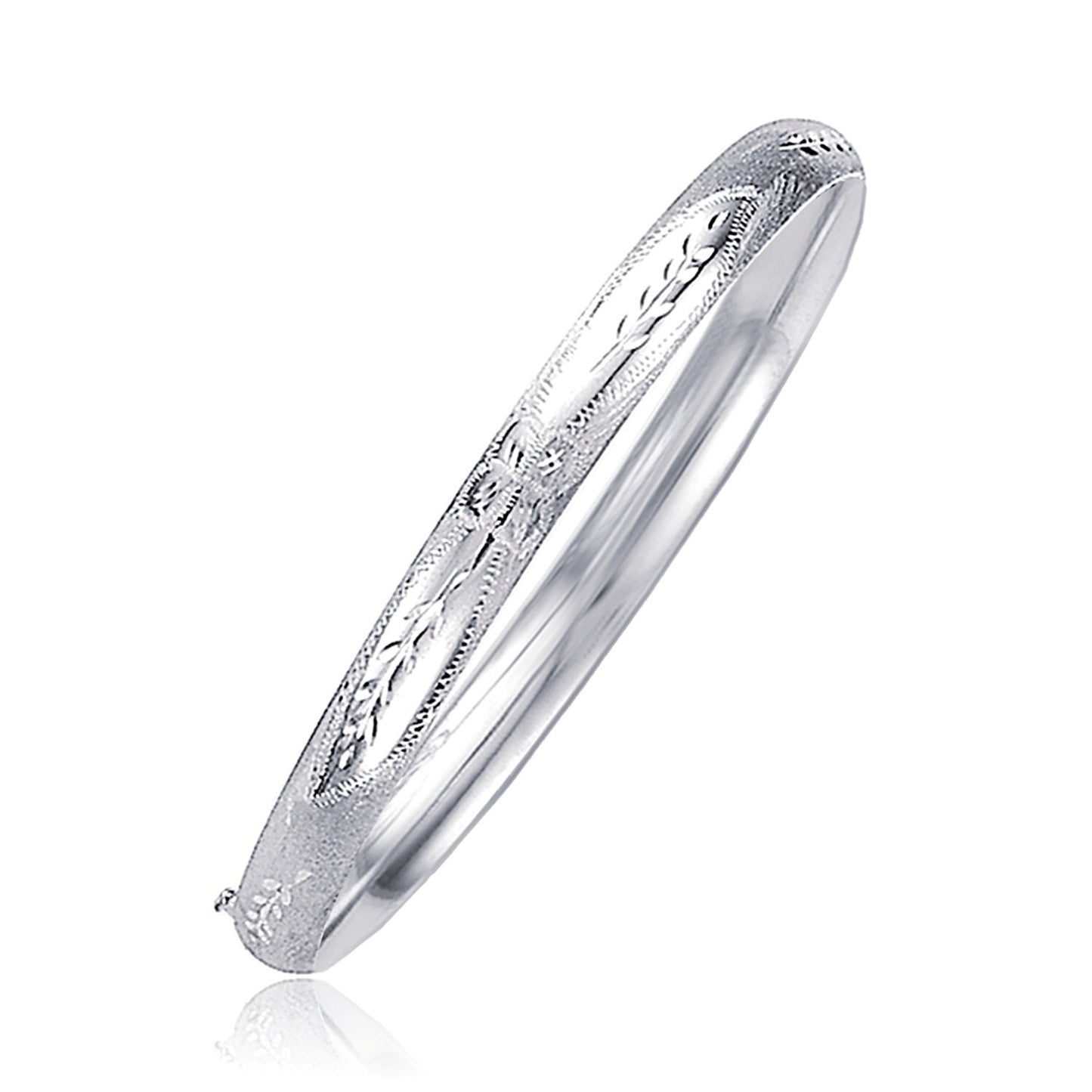 Size: 8'' - Classic Floral Carved Bangle in 14k White Gold (5.0mm)