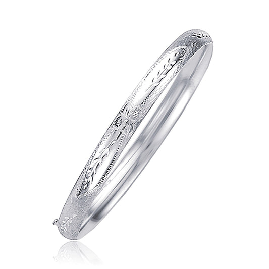 Size: 8'' - Classic Floral Carved Bangle in 14k White Gold (5.0mm)