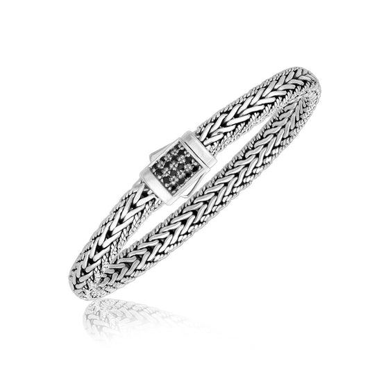 Size: 8.25'' - Sterling Silver Braided Style Men's Bracelet with Black Sapphire Accents