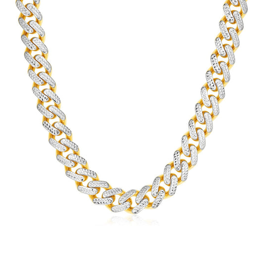 Size: 24'' - 14k Two Tone Gold Miami Cuban Chain Necklace with White Pave