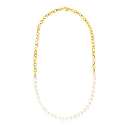 Size: 18'' - 14k Yellow Gold Oval Chain Necklace with Pearls