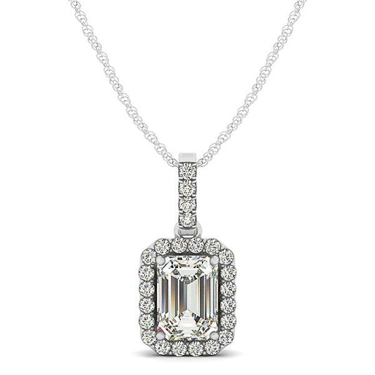 Size: 18'' - Halo Pendant With Emerald Center Diamond in 14k White Gold (1 1/5 cttw)