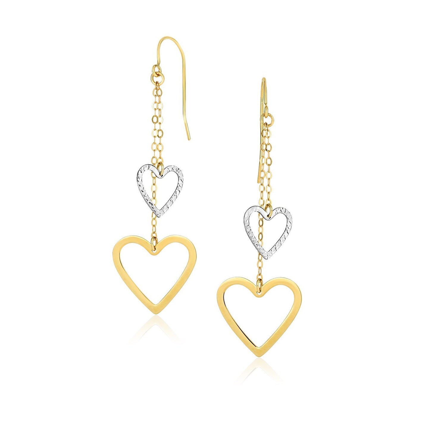 10k Two Tone Gold Cutout Heart Chain Dangling Earrings