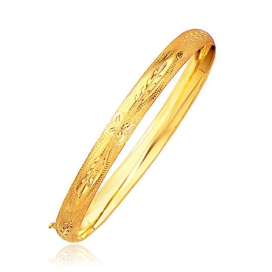 Size: 8'' - Classic Floral Carved Bangle in 14k Yellow Gold (6.0mm)