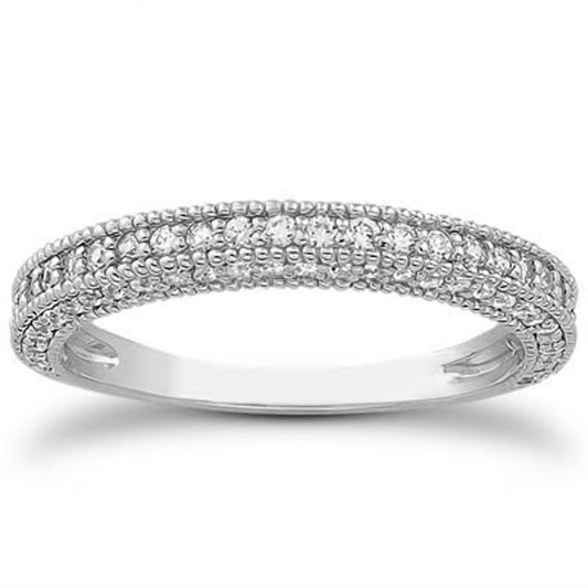 Size: 8.5 - 14k White Gold Fancy Pave Diamond Milgrain Textured Wedding Ring Band