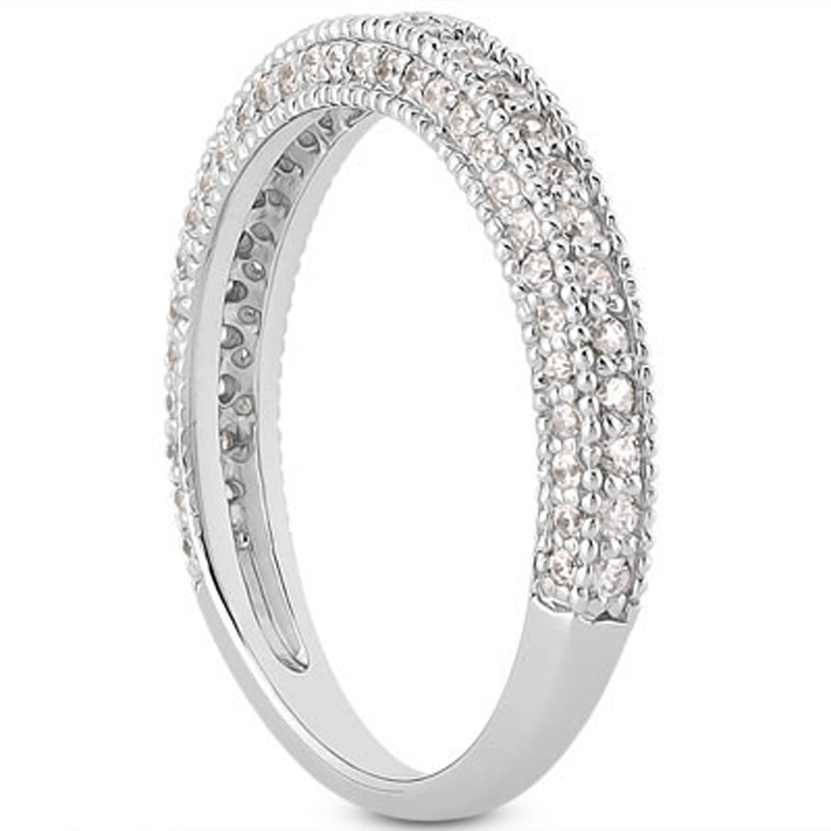 Size: 8.5 - 14k White Gold Fancy Pave Diamond Milgrain Textured Wedding Ring Band