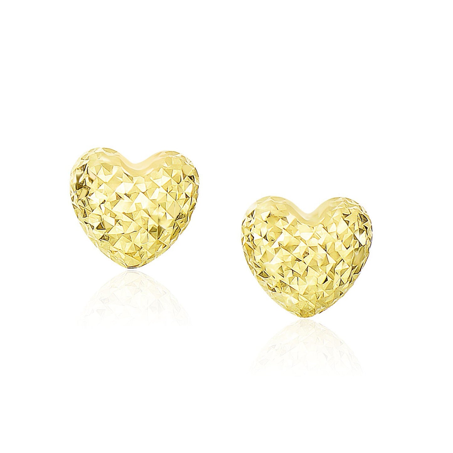 14k Yellow Gold Puffed Heart Earrings with Diamond Cuts(8mm)