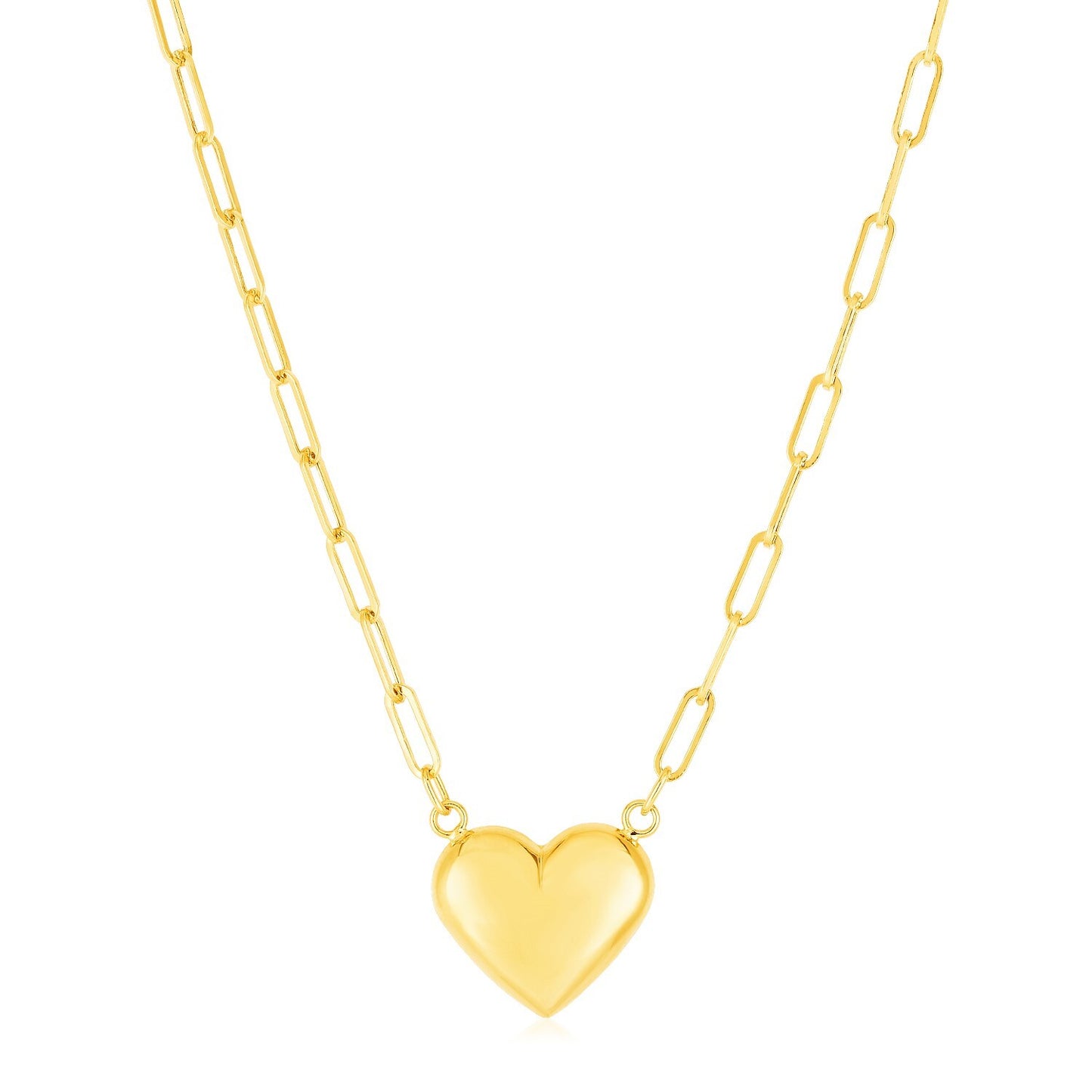 Size: 18'' - 14k Yellow Gold Paperclip Chain Necklace with Puffed Heart