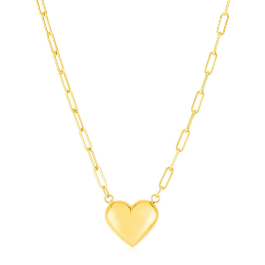 Size: 18'' - 14k Yellow Gold Paperclip Chain Necklace with Puffed Heart