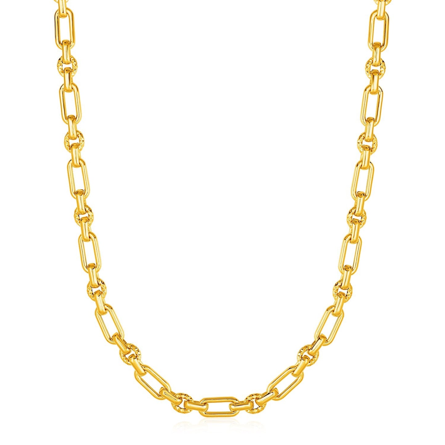 Size: 18'' - Rounded Rectangular Link Necklace with Textured Round Links in 14k Yellow Gold