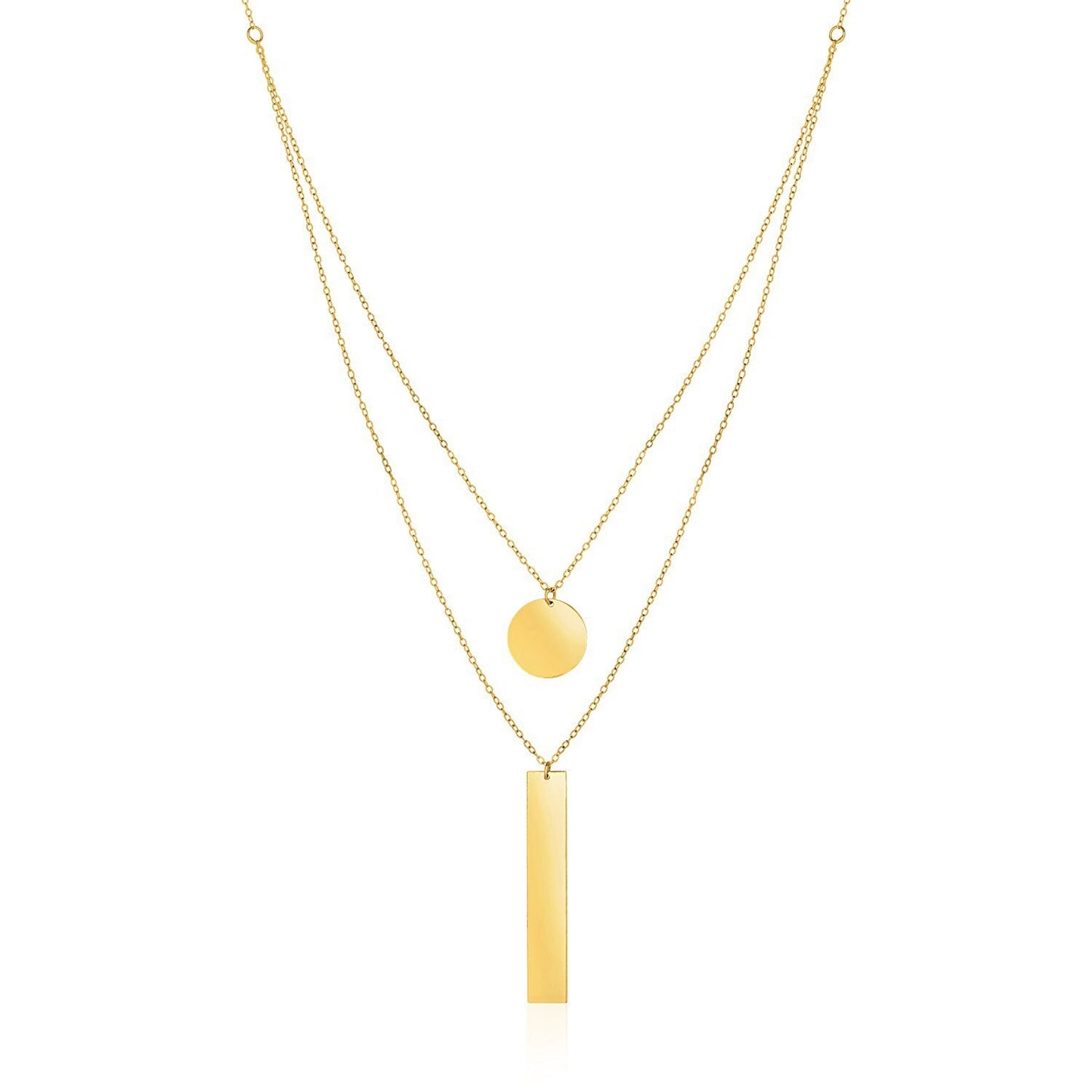 Size: 18'' - 14k Yellow Gold 18 inch Two Strand Necklace with Circle and Bar Pendants