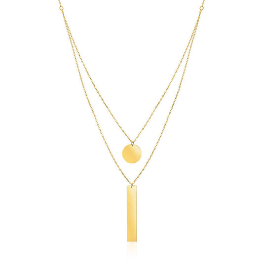 Size: 18'' - 14k Yellow Gold 18 inch Two Strand Necklace with Circle and Bar Pendants