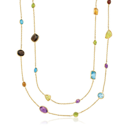 Size: 30'' - 14k Yellow Gold Double Layer Multi Gem Necklace