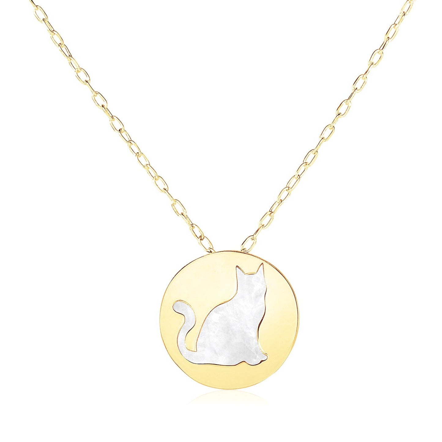 Size: 16'' - 14k Yellow Gold Necklace with Cat Symbol in Mother of Pearl