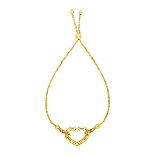 Size: 9.25'' - Adjustable Bracelet with Shiny Open Heart in 14k Yellow Gold