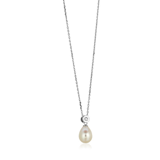 Size: 18'' - Sterling Silver Necklace with Pear Shaped Pearl and Cubic Zirconias