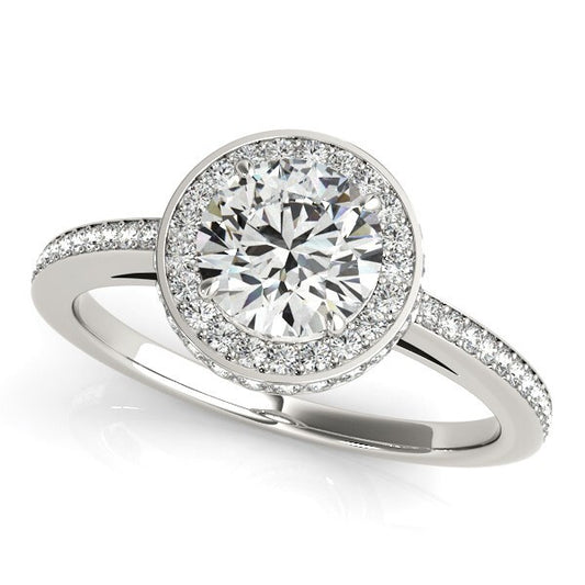 Size: 8.5 - 14k White Gold Round Diamond Engagement Ring with Pave Set Halo (1 1/2 cttw)