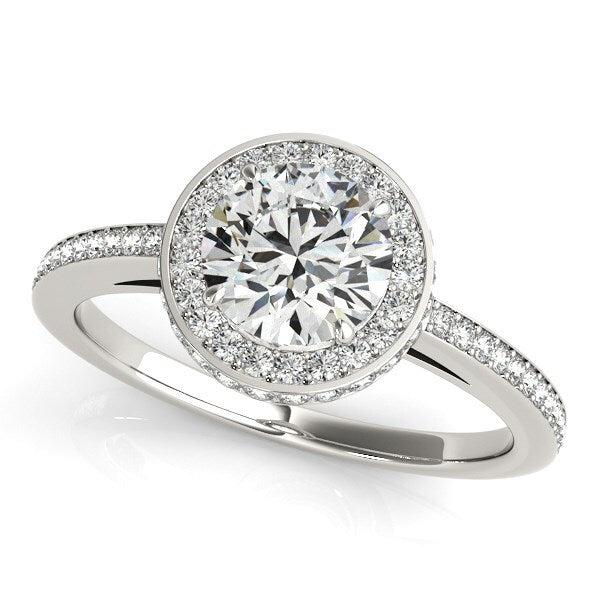 Size: 8 - 14k White Gold Round Diamond Engagement Ring with Pave Set Halo (1 1/2 cttw)