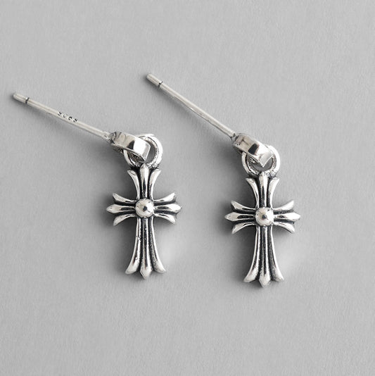 Vintage Cross Flower 925 Sterling Silver Dangling Earrings