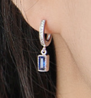 Geometry Blue CZ Rectangle 925 Silver Dangling Earrings (Single Piece)