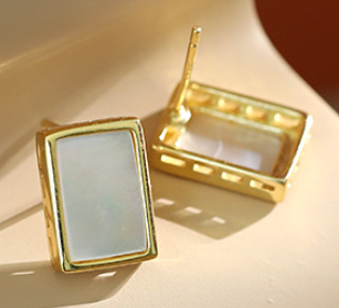 Office Geometric Rectangle Shell 925 Sterling Silver Stud Earrings