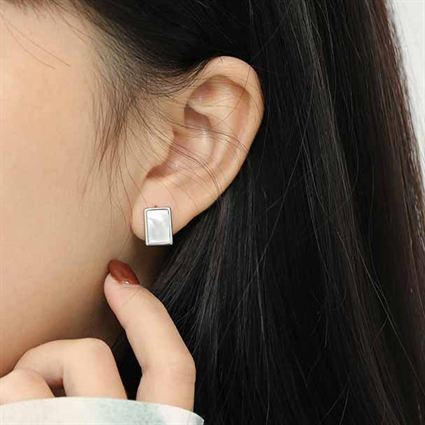 Office Geometric Rectangle Shell 925 Sterling Silver Stud Earrings