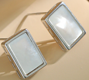 Office Geometric Rectangle Shell 925 Sterling Silver Stud Earrings