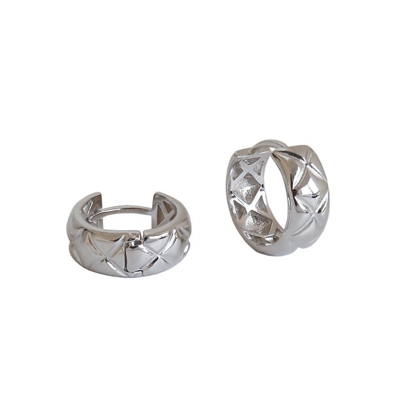 Fashion Rhombus Patten Circles 925 Sterling Silver Huggie Hoop Earrings