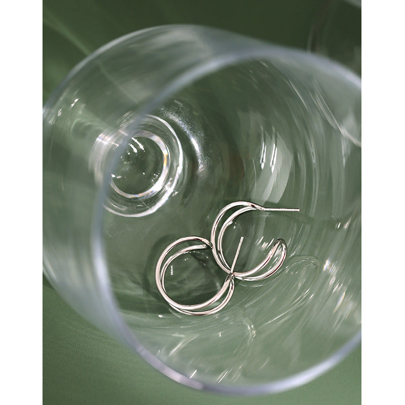 Simple Hollow Double Layers 925 Sterling Silver Hoop Earrings