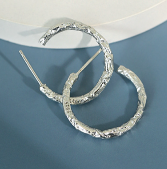 Geometry Tinfoil Pattern Circle 925 Sterling Silver Hoop Earrings