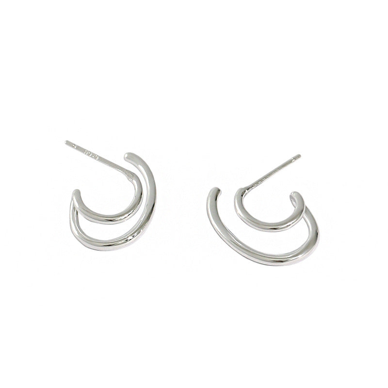 Fashion Irregular Double Layer C Shape 925 Sterling Silver Stud Earrings