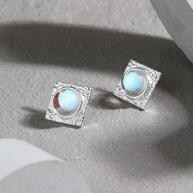 Office Geometry Square Round Created Moonstone 925 Sterling Silver Stud Earrings