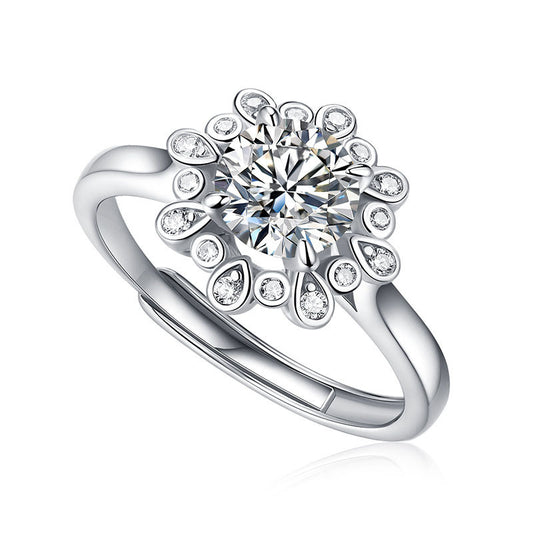 Wedding Moissanite CZ Peonies Flower 925 Sterling Silver Adjustable Ring